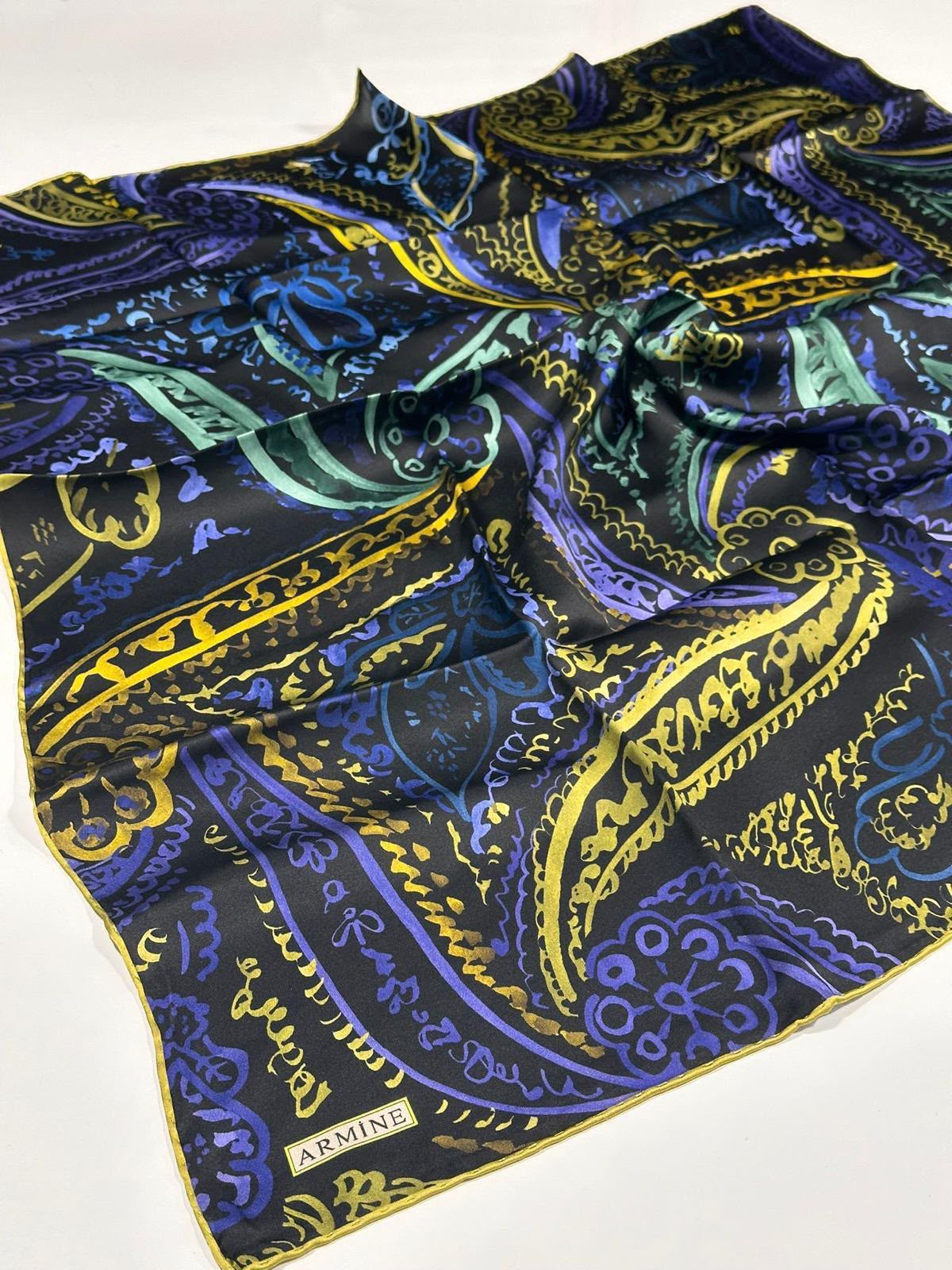 Nostalji Safir Paisley Deseni İpek Eşarp